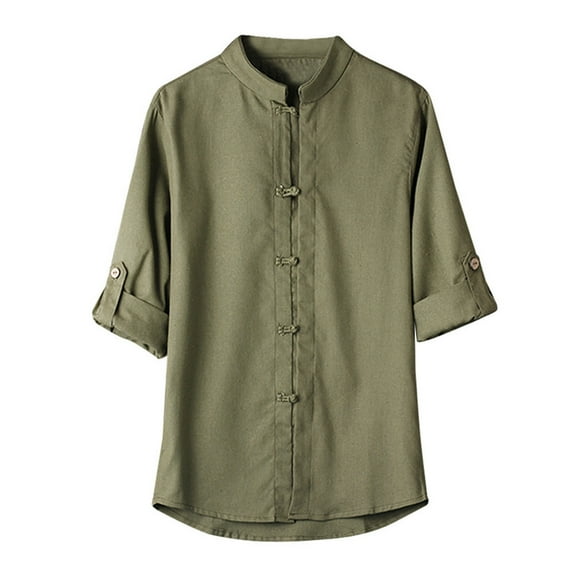 WTXUE Button-Up Shirts Short Sleeve, Notch Neck Mens Dress Shirts Men Daily Classic Shirt Tang Suit Linen Bl Cotton Solid, Linen Shirts, Workwear for Men Fern Green M