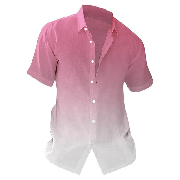 WTXUE Button-Up Shirts Short Sleeve, Notch Neck Mens Dress Shirts Summer Beach Shirt Overcoat Loose Hawaiian Shirt Gradient | Workwear for Men Pink 5XL