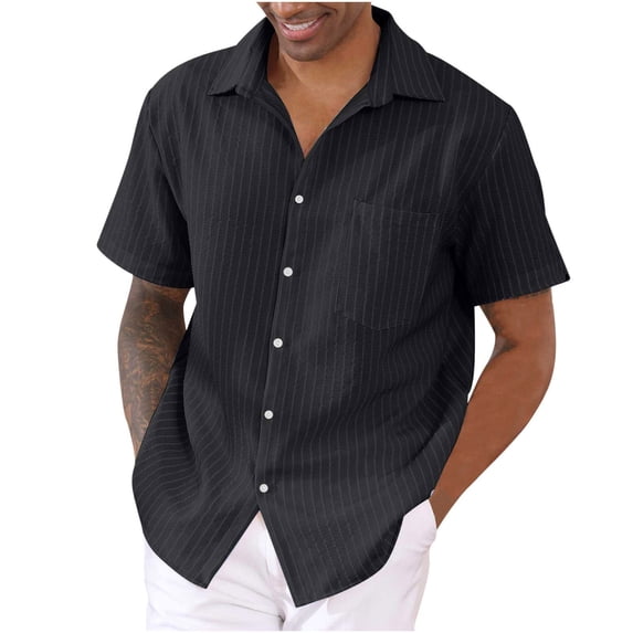 WTXUE Button-Up Shirts Short Sleeve, Notch Neck Shirts for Men Button Down Summer Beach Shirt Vacation Shirts Cotton Striped, Hawaiian Shirt Linen Shirts, Workwear for Men