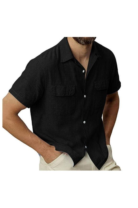 Button-Up Shirts Short Sleeve, Notch Neck Shirts Top Shirt Pocket Single Breasted Shirt Cotton Shirt Top Linen Shirts Workwear for Men Black XL