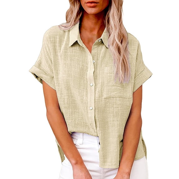 WTXUE Button-Up Shirts Short Sleeve, Notch Neck Shirts for WomenButton Down Cropped Shirts Crop Solid Lapel Blouse Shirt Wit Cotton Solid | Workwear for Women S