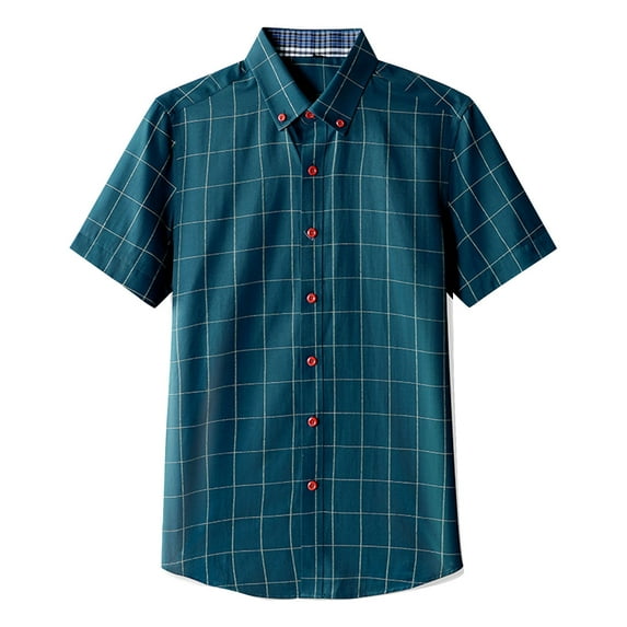 WTXUE Button-Up Shirts Short Sleeve, Notch Neck Shirts for Men Spring Summer Shirt Breathable Tops Cotton Plaid | Dressy for Men Fern Green 4XL