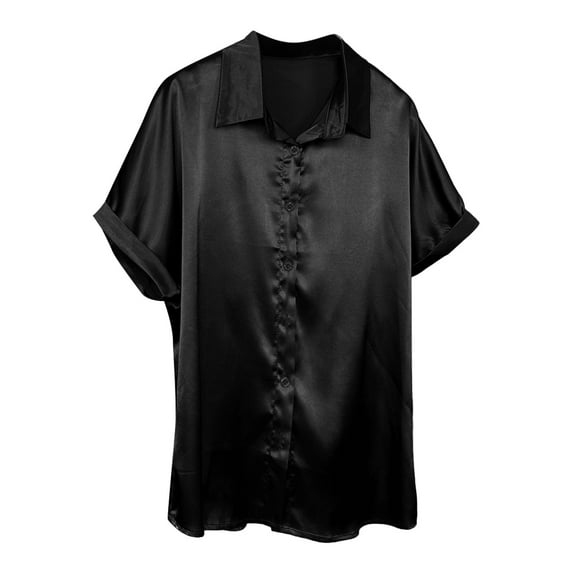 WTXUE Button-Up Shirts Short Sleeve, Notch Neck Shirts for Women's Satin Button Down Shirt Summer Casual Top Workwear for Women Black XL