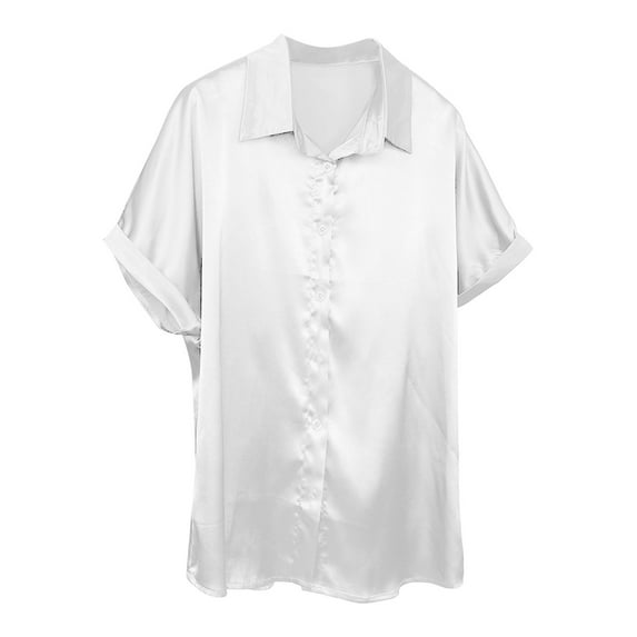 WTXUE Button-Up Shirts Short Sleeve, Notch Neck Shirts for Women's Satin Button Down Shirt Summer Casual Top Workwear for Women White S
