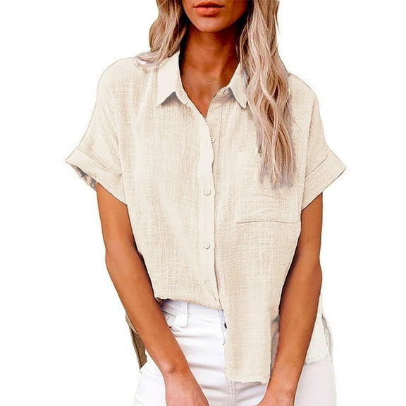 WTXUE Button-Up Shirts Short Sleeve, Notch Neck Shirts for Women Solid Linen Loose Button Shirt Cotton Solid, Linen Shirts, Workwear for Women Khaki 5XL