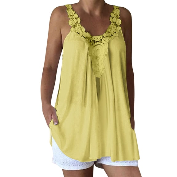 WTXUE Camisole Tops Sleeveless Blouses Tank Top for Women Loose Fit Shirt for Women Dressy Casual Summer Lace Strap V Neck Tops Vest Going Out Tops Spaghetti Strap Top Tank Tops Loose Fit Yellow Xl