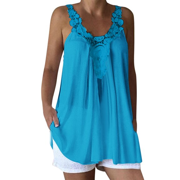 WTXUE Camisole Tops Sleeveless Blouses Tank Top for Women Loose Fit Shirt for Women Dressy Casual Summer Lace Strap V Neck Tops Vest Tank Tops Casual Tunic Length Tank Tops Athletic Tank Tops Blue L