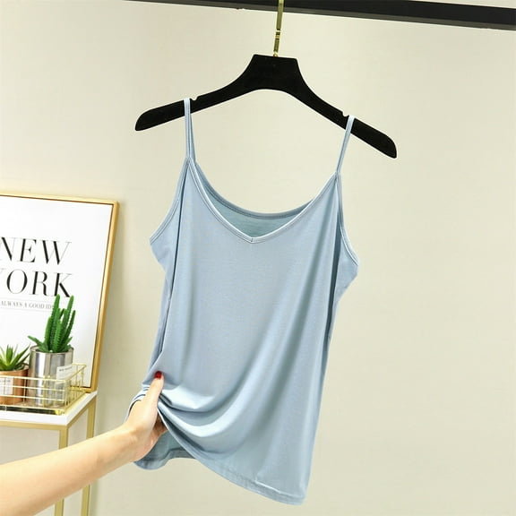 WTXUE Camisole Tops Sleeveless Tops Spaghetti Strap Summer Innerwear Slimming And Shaping Basic Thin Casual Top for Women V Neck Cotton Tank Top Camisole Tops for Women Built In Bra Light Blue Xl