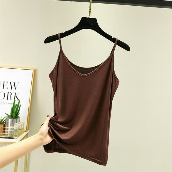 WTXUE Camisole Tops Sleeveless Tops Spaghetti Strap Summer Innerwear Slimming And Shaping Basic Thin Casual Top for Women V Neck Cotton Tank Top Camisole Tops for Women Built In Bra Coffee Xl