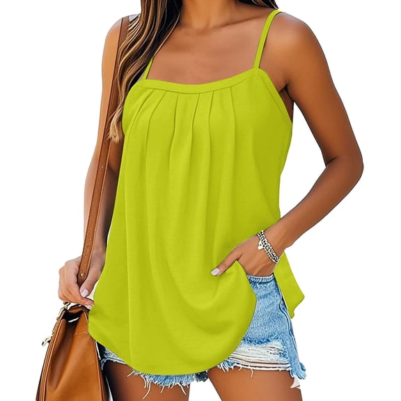 WTXUE Camisole Tops Sleeveless Tops Summer Tank Tops for Women 2025 Loose Fit Pleated Square Neck Sleeveless Shirt Curved Flowy Vest Basic Cotton Tee Flowy Tops Bandeau Tops Tunic Tops Yellow S