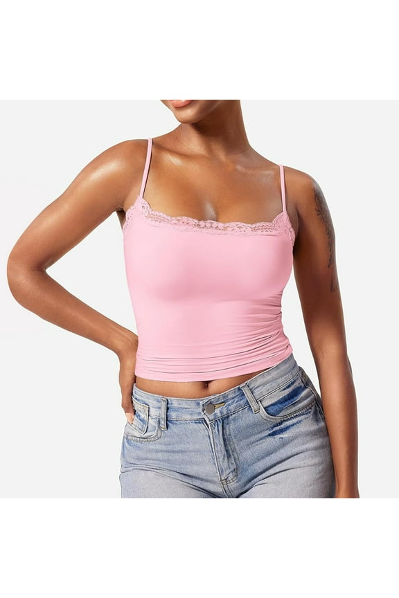 Camisole Tops Sleeveless Tops for Women Lace Top Double Lined Tank Top Spaghetti Strap Club Shirt Square Neck Vest Square Neck Tops Lace Tank Tops for Women Tube Tops for Women Pink S