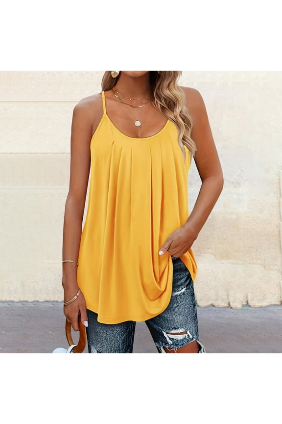 Camisole Tops Sleeveless Tops Women Pleated Top Shirt Spaghetti Strap Camisole Fit Casual Sleeveless Summer Tank Tops Fashion Shirt Flowy Tops Loose Tank Tops for Women Tunic Tops Gold S