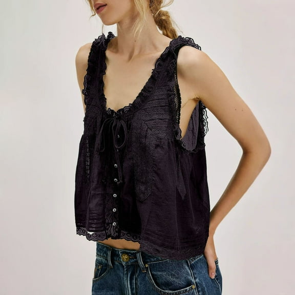 WTXUE Camisole Tops for Women Sleeveless Tops for Women Women Sleeveless Lace Tank Tops Vacation Front Tie Mesh Chiffon Tops Lace Tank Top Crop Tank Tops for Women Summer Tops for Women Black S