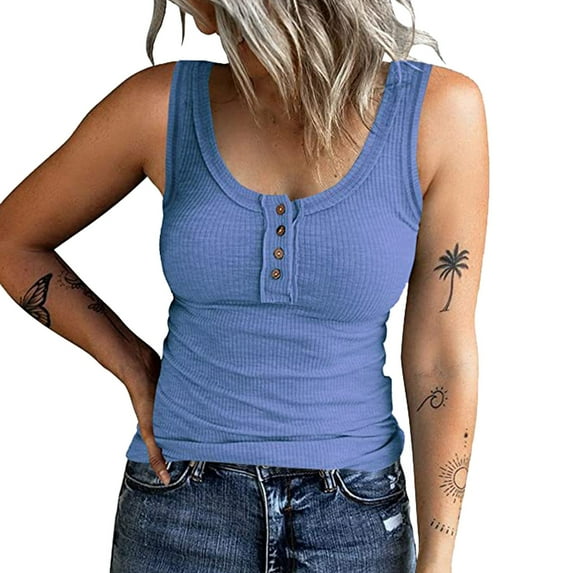 WTXUE Camisole Tops for Women Button Women Sleeveless Top Casual Round Knit Shirt Vest Neck Solid Splice Women's Tanks &, Blue Large