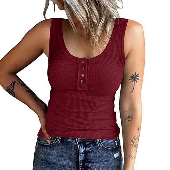 WTXUE Camisole Tops for Women Button Women Sleeveless Top Casual Round Knit Shirt Vest Neck Solid Splice Women's Tanks &, Red Large