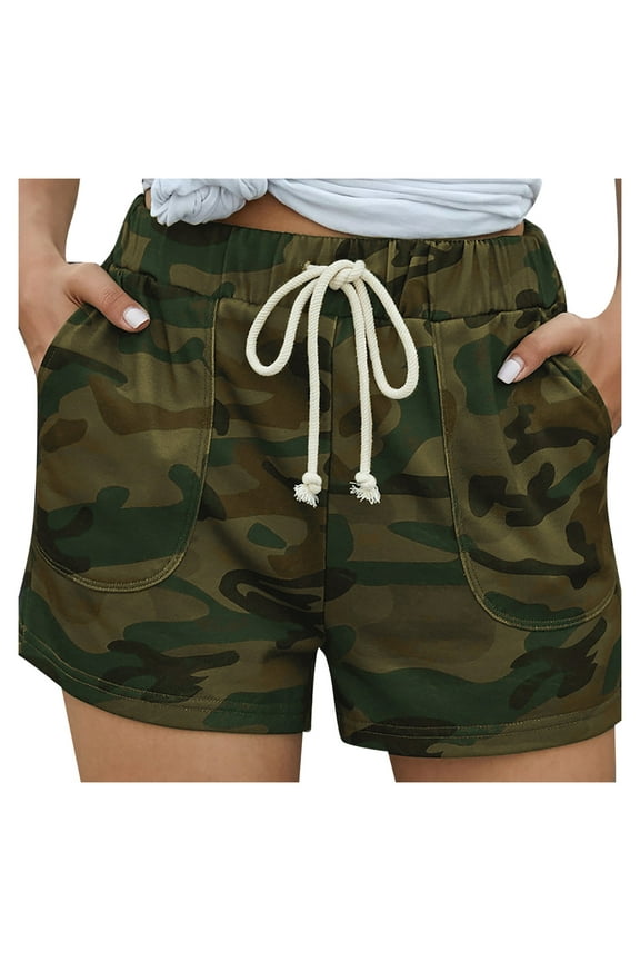 Camo Shorts Women, Girlfriend Waist Solid Color Camouflage Pants Casual Elastic Pocket Women Print Pants, Short, 1-Green