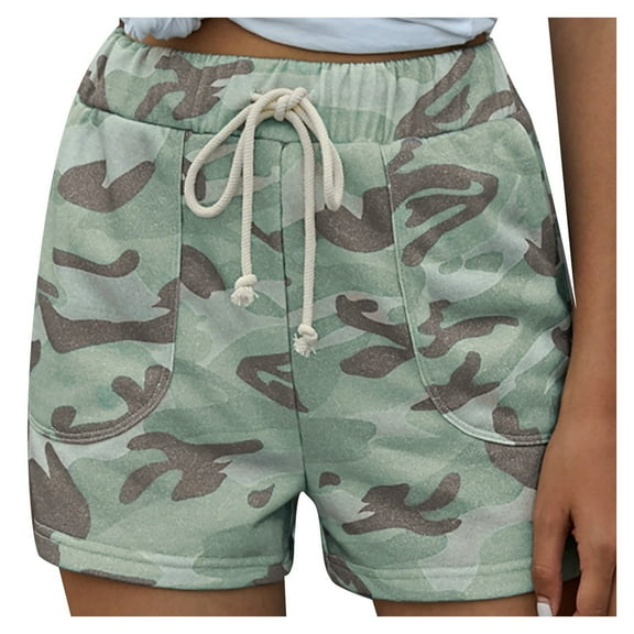 WTXUE Camo Shorts Women, Girlfriend Waist Solid Color Camouflage Pants Casual Elastic Pocket Women Print Pants, Short