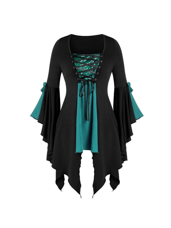 Capes & Cloaks Long Sleeve, Round Neck Tunic Plus SizeLace Gothic Blouse Women Size Tee Sequined up Plus Size Tops Patchwork | Casual for Women'S Plus Green XXL