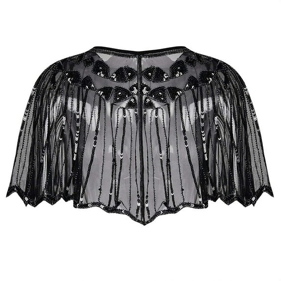 WTXUE Capes & Cloaks Short Sleeve, Cowl Neck Sequin Flapper Cover up 1920s Shawl Bolero Cape Evening Beaded Blouse Solid | Cover-Up for Women Black One Size