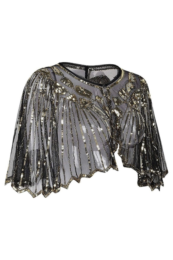 Capes & Cloaks Short Sleeve, Cowl Neck Sequin Flapper Cover up 1920s Shawl Bolero Cape Evening Beaded Blouse Solid | Cover-Up for Women Gold One Size