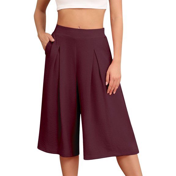 WTXUE Capris for Women, Women's Wide Leg Capri Pants with Pockets Lightweight High Waisted Loose Trouser (Dark Red, XL)