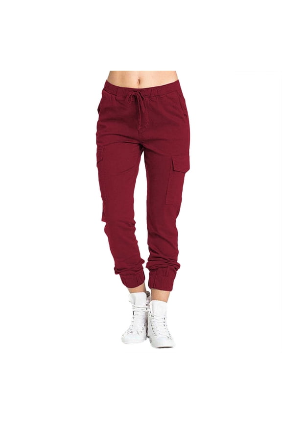 Cargo Pants, Scrub Pants Ladies Multi Pocket Casual Pants Elastic Waist Corset Rope Pants, Slacks Pantalones De Mujer, Dark Red