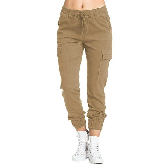 WTXUE Cargo Pants, Scrub Pants Ladies Multi Pocket Casual Pants Elastic Waist Corset Rope Pants, Slacks Pantalones De Mujer, Khaki