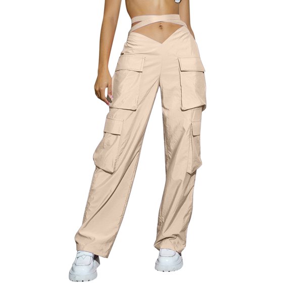 WTXUE Cargo Pants For Women High Waisted, Scrub Pants 2024 Cargo Pants Woman Relaxed Fit Waisted Zipper Slim Drawstring Waist Pockets, Slacks Pantalones De Mujer, 4-Khaki
