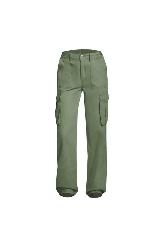 Cargo Pants, Women's Pants Straight Fit High Waist Baggy Hiking Pants with Pocket Wide Leg Parachute Pants, Adjustable Pantalones De Mujer, Olive green