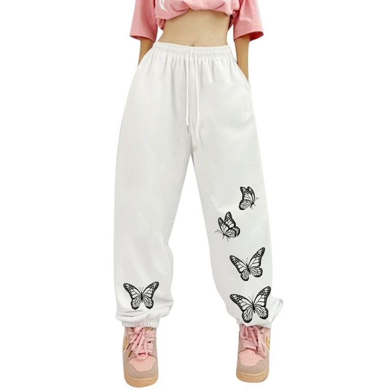 WTXUE Casual Outfits For Women Pantalones De Mujer Women Pockets Loose Fit Elastic Drawstring Joggers Workout Butterfly Print Baggy Trousers Running