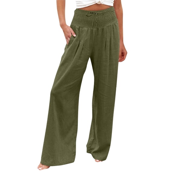 WTXUE Casual Outfits for Women, Pantalones De Mujer High Waist Wide Leg Palazzo Pants for Women Smocked Elastic Waist Loose Comfy Pants Pockets, Full-Length, Olive green