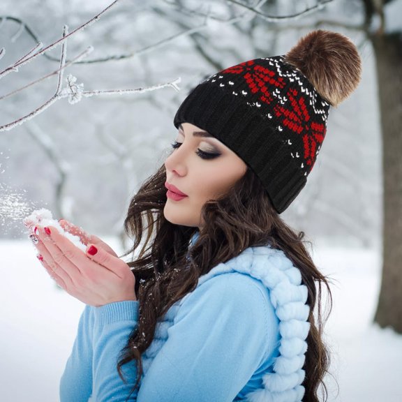 WTXUE Christmas Hat Santa Hat Knit Faux Fuzzy Pom Snowflake Christmas Hat Woolen Hat Warm Knit Hat Knit Hat Comfort Hat Winter Warm Hat Black One Size