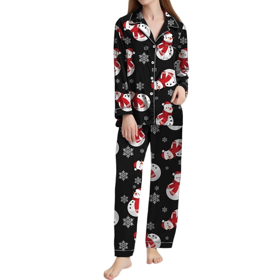 WTXUE Christmas Satin Pajamas Set Women 2 Piece Collared Button Down Pajamas Long Sleeve Shirt and Long Pant Silk Sleepwear Set Lightweight Loungwear Cute Nightwear Black M