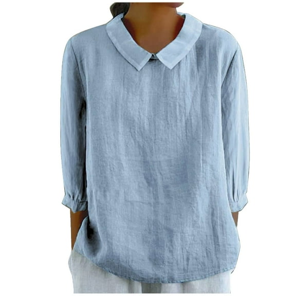 WTXUE Collared Shirts 3/4 Length Sleeve Womens Tops Cotton Linen Shirts Babydoll Tops Flowy Blouses Comfy Shirts Woman Shirts Casual Modest Blouses Sky Blue S