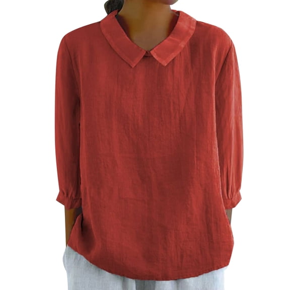 WTXUE Collared Shirts 3/4 Length Sleeve Womens Tops Cotton Linen Shirts Babydoll Tops Flowy Blouses Loose Blouses Plus Size Tops Comfortable Tops Red M