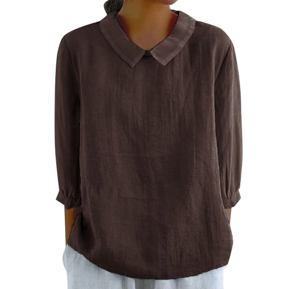 WTXUE Collared Shirts 3/4 Length Sleeve Womens Tops Cotton Linen Shirts Babydoll Tops Flowy Blouses Oversized Tshirts Tops for Women Trendy Basic Tees for Women Coffee L