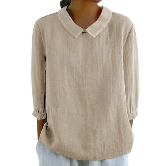 WTXUE Collared Shirts 3/4 Length Sleeve Womens Tops Cotton Linen Shirts Babydoll Tops Flowy Blouses Womens Shirts Women Blouses Comfy Shirts Beige L