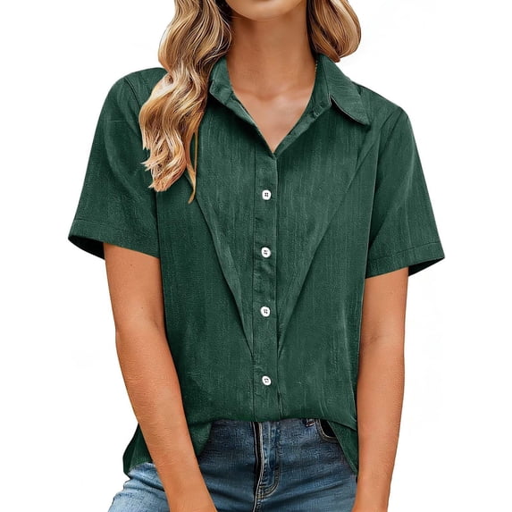 WTXUE Cotton Linen Button Down Shirt for Women Short Sleeve Tops Plain Shirts Business Casual Outfits Tunic Shirts Lightweight Business Dressy Casual Top Business Casual Outfits Blackish Green L