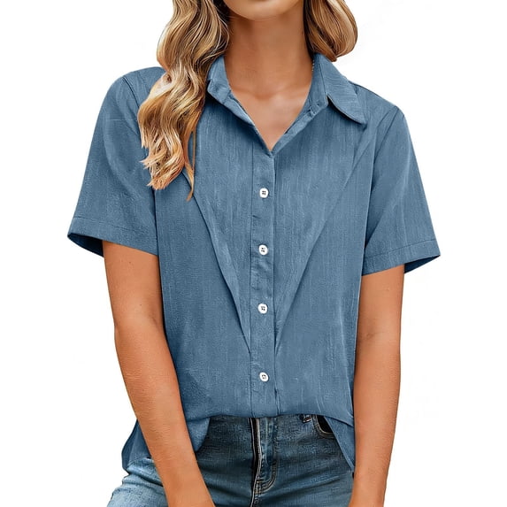 WTXUE Cotton Linen Button Down Shirt for Women Short Sleeve Tops Plus Size Tops Business Casual Outfits Work Business Casual Tops Dressy Blouses Lightweight Blouses Tunic Shirts Light Blue S