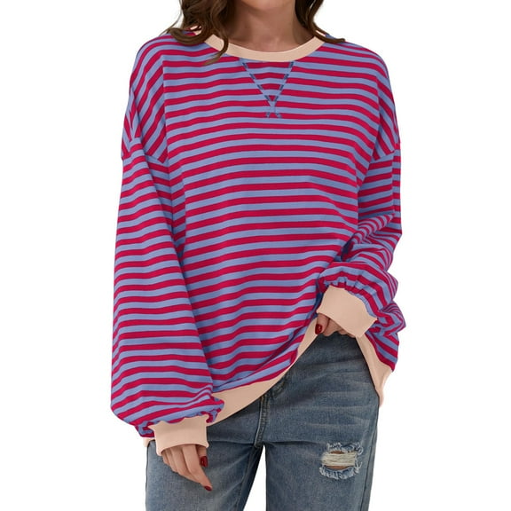 WTXUE Cotton Oversized Striped Color Block Long Sleeve Crew Neck Sweatshirt Loose Pullover Shirt Top Loose Sweatshirts & Hoodies (Women's) Size XL