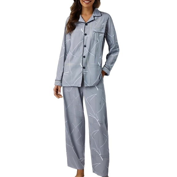 WTXUE Cotton Plus Size Pajama Set for Women Plaid Long Sleeve Shirts Lounge Pants Checkered Striped Sleepwear Loose Fitting Loungwear Sets Home Clothing Light Ashy 3Xl