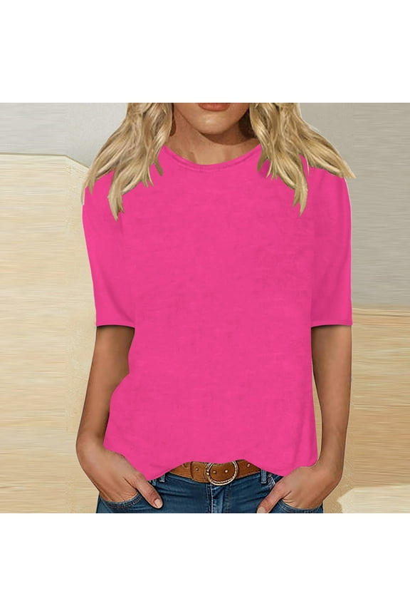 Cotton Tops Basic Tees Casual 3/4 Sleeve T-Shirts Round Neck Tunic Tops Basic Tees Loose Fit Blouses Solid Color Pullover Cute Blouses Nice Shirts Spring Blouses for Women Hot Pink Xl