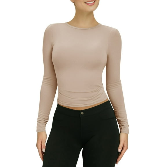WTXUE Crewneck Sweatshirt Tube Tops Long Sleeve Shirts Basic Solid Tight Slim Fit Cropped Shirt Workout Yoga Pullover Tops for Women Trendy Womens Button Down Blouses Womens Tshirts Beige L