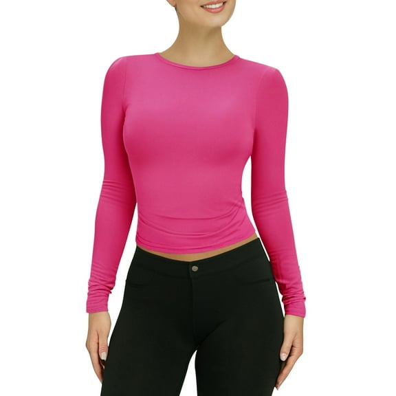 WTXUE Crewneck Sweatshirt Tube Tops Long Sleeve Shirts Basic Solid Tight Slim Fit Cropped Shirt Workout Yoga Pullover Trendy Work Tops Office Tops for Women Work Tight Tank Tops Hot Pink L