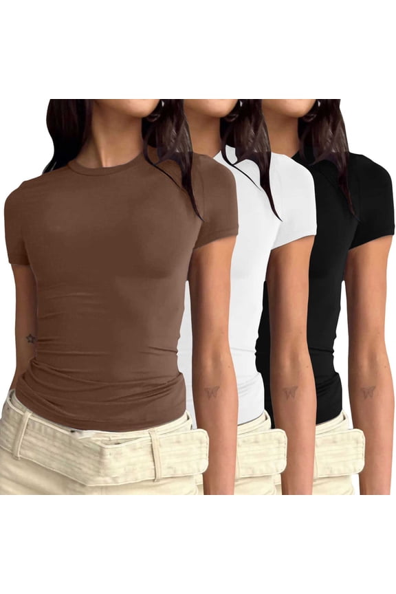 Crop Tops Short Sleeve Tops Pack Of 3 Women'S Crew Neck T Shirt Tight Top Plain Shirt Short / Long Sleeve Slim Fit T Shirts Work Tops for Women Basic Tops for Woman T Shirts for Women Black Xs