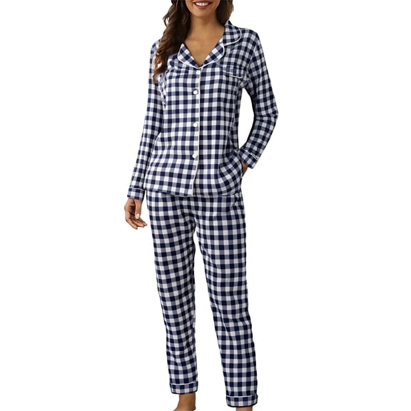 WTXUE Cute Pajama Sets Long Sleeve Sleepwear Button Down Blouses Long Pants Soft Loungewear 2 Piece Pj Set with Pockets Printed Set Collared Shirts Lounge Sets Casual Matching Pajama Set Blue Xxl