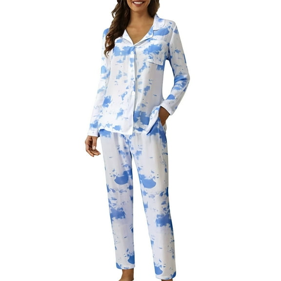WTXUE Cute Pajama Sets for Women Long Sleeve Sleepwear Button Down Blouses Long Pants Soft Loungewear 2 Piece Pj Set with Pockets Printed Set Collared Shirts Fall Sets Lightweight Sets Light Blue M