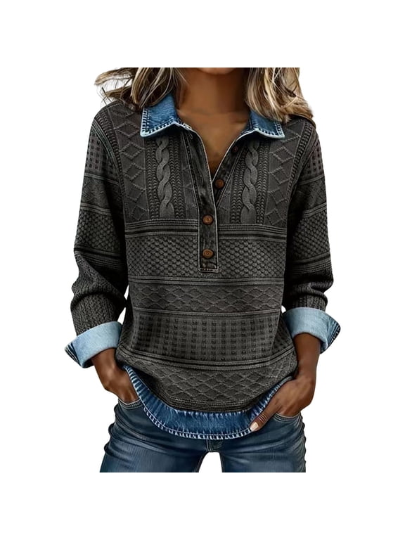 Denim Sweater Vintage Patchwork Denim Sweatshirts Tops Button Shirts Waffle Sweater Casual Jean Tops Tunic Sweaters Denim Sweater Casual Lightweight Sweater with Denim Collar Dark Gray Xxl