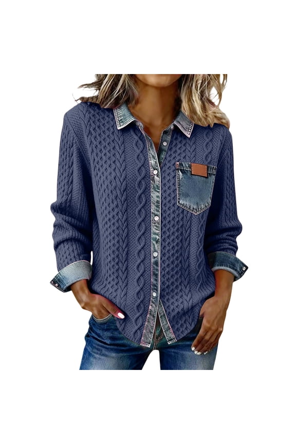 Denim Sweater for Women Collar Button Up Patchwork Denim Shirts Patchwork Denim Long Sleeve Shirts Vintage Waffle Cable Knit Jean Sweater Trendy Casual Blouses Dark Grey S