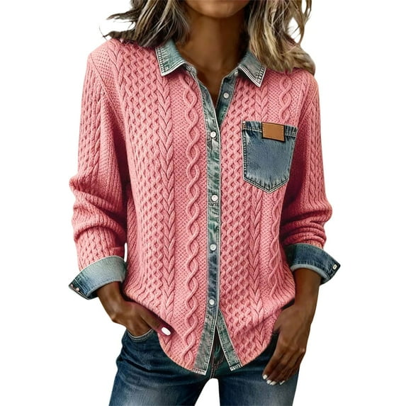 WTXUE Denim Sweater for Women Collar Button Up Patchwork Denim Shirts Patchwork Denim Long Sleeve Shirts Vintage Waffle Cable Knit Jean Sweater Trendy Casual Blouses Pink Xl